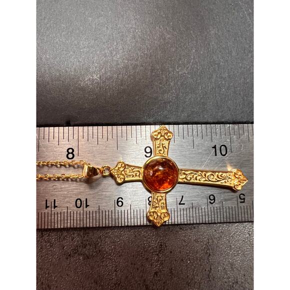 NEW Baltic Amber cross pendant in gold over sterling silver - Picture 5 of 16